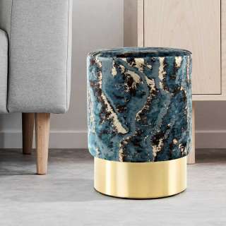 Samt Sitzhocker in Dunkelblau Marmor Optik rund