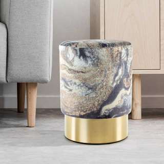 Polsterhocker in Blau Marmor Optik Samtbezug