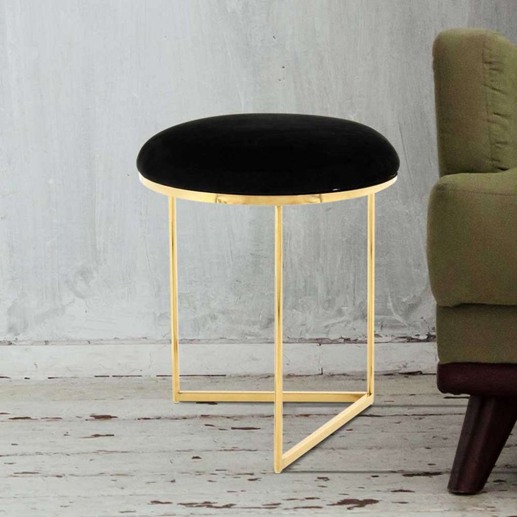 Hocker in Schwarz Samt Goldfarben Edelstahl
