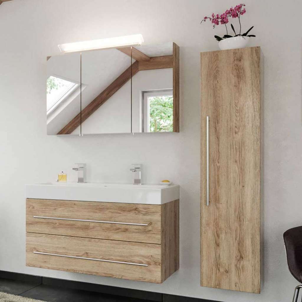 Badezimmer Set in Eiche hell LED Beleuchtung (3-teilig)