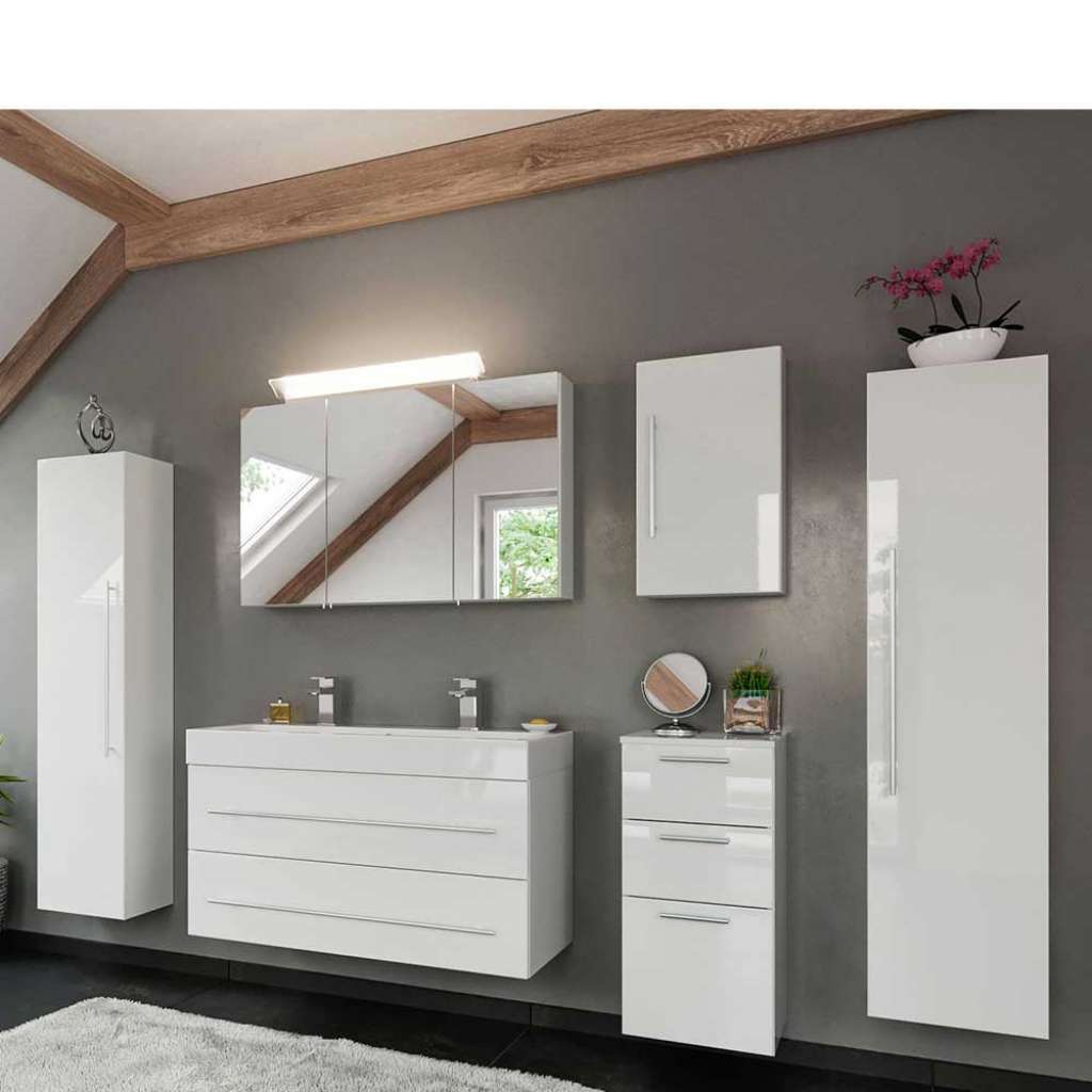 Badezimmermöbel Set in Hochglanz Weiß Wandmontage (6-teilig)