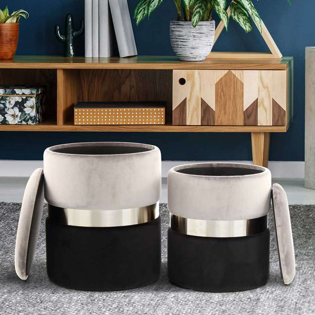Hocker in Grau und Schwarz Samt Truhe (2-teilig)