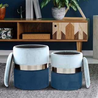 Stauraum Hocker in Blau Samt Silberfarben (2-teilig)