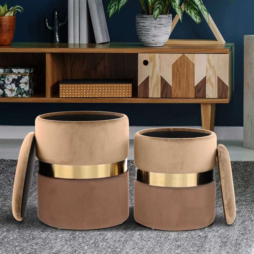 Samt Hocker Set in Hellbraun und Goldfarben Stauraum (2-teilig)