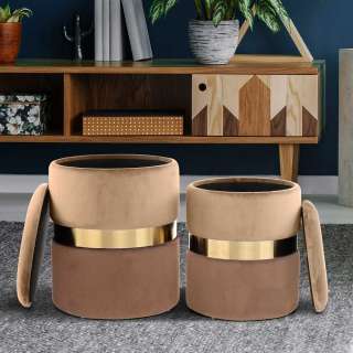 Samt Hocker Set in Hellbraun und Goldfarben Stauraum (2-teilig)
