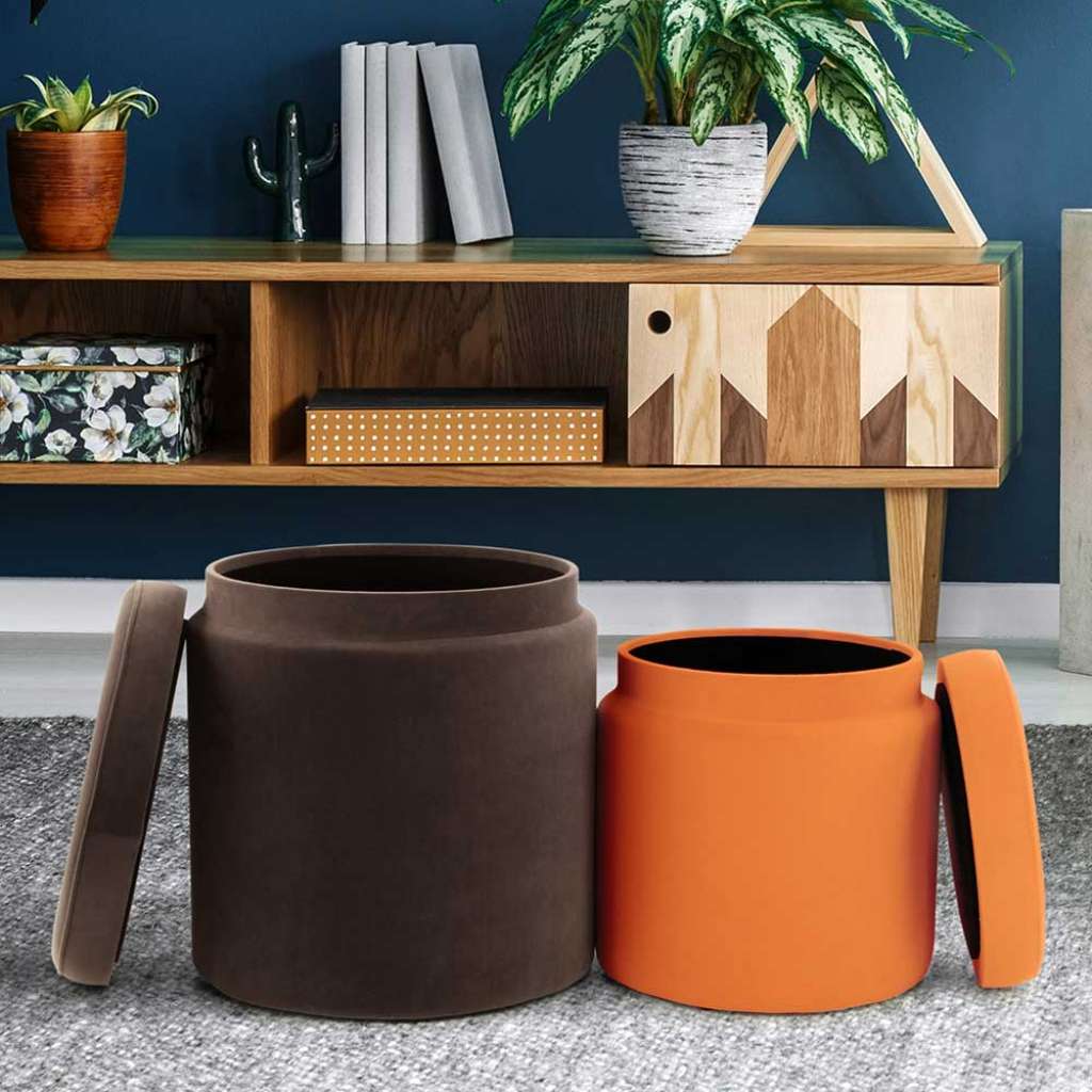 Polsterhocker in Orange und Braun Samt Stauraum (2-teilig)