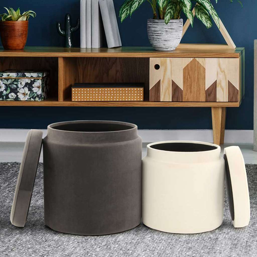 Polsterhocker in Grau und Creme Weiß Stauraum (2-teilig)