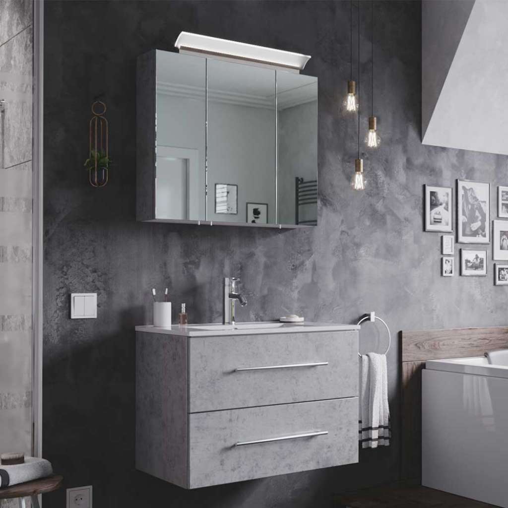 Waschtisch und Spiegelschrank in Beton Grau LED Beleuchtung (2-teilig)
