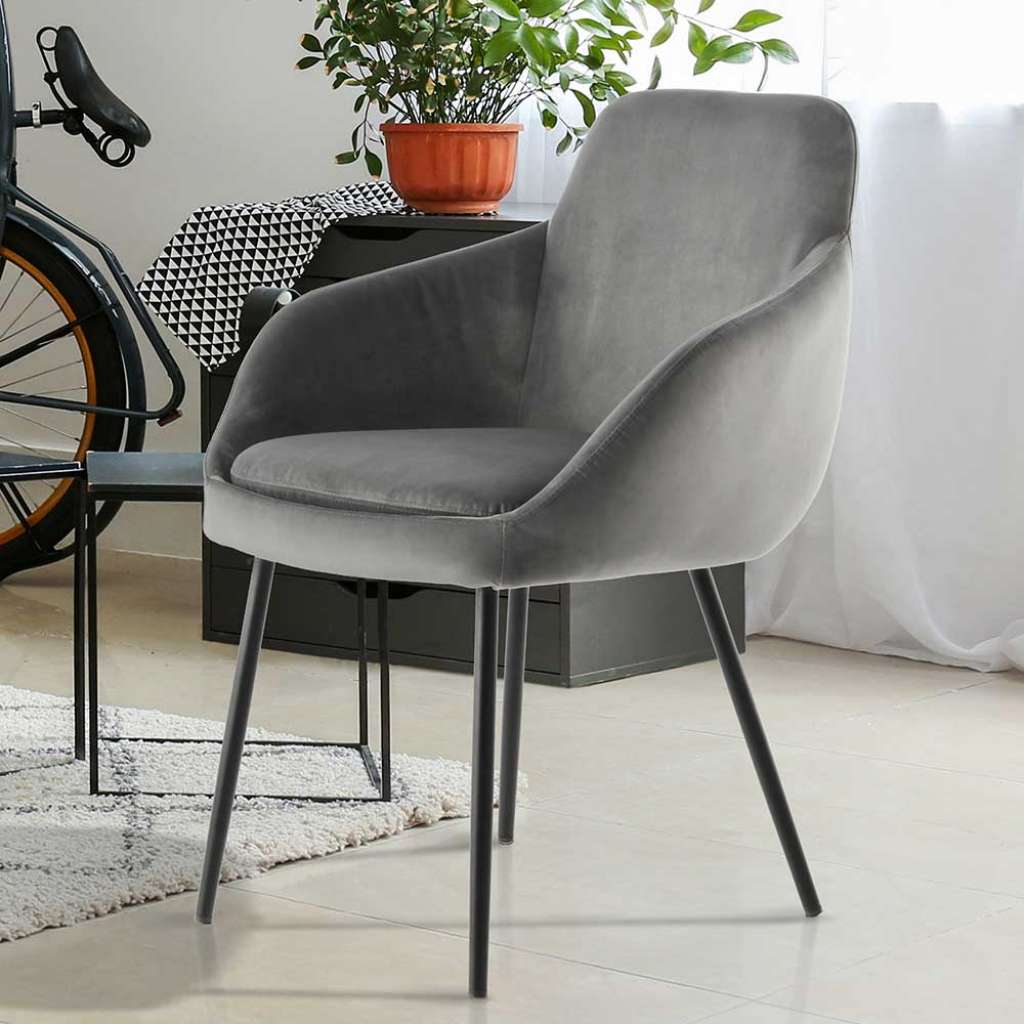 Esstisch Stühle in Grau Samt Eisengestell in Schwarz (2er Set)