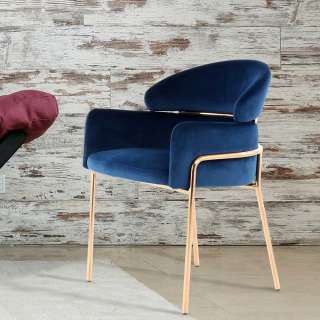 Esszimmer Polsterstuhl in Blau Samt Metallgestell in Rosegold