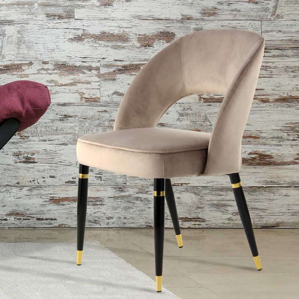 Esszimmer Polsterstühle in Taupe Samt Metallgestell in Schwarz und Gold (2er Set)
