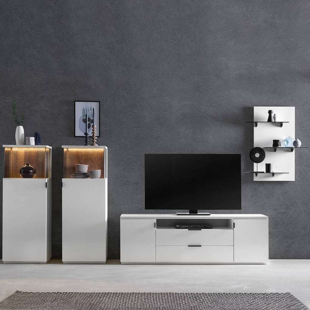 Designer Wohnwand in Weiß und mit Recyclingholz 300 cm breit (4-teilig)