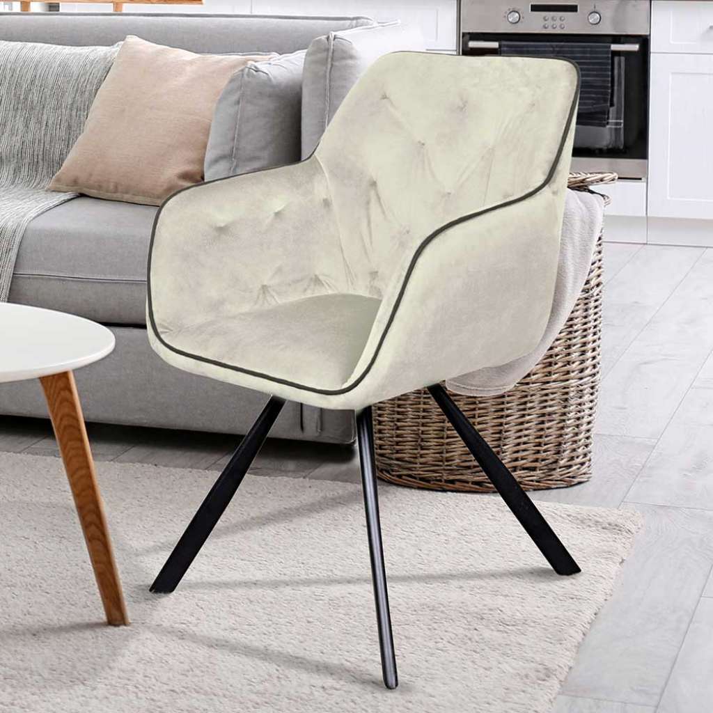 Armlehnen Polsterstuhl in Creme Weiß Samt Eisengestell