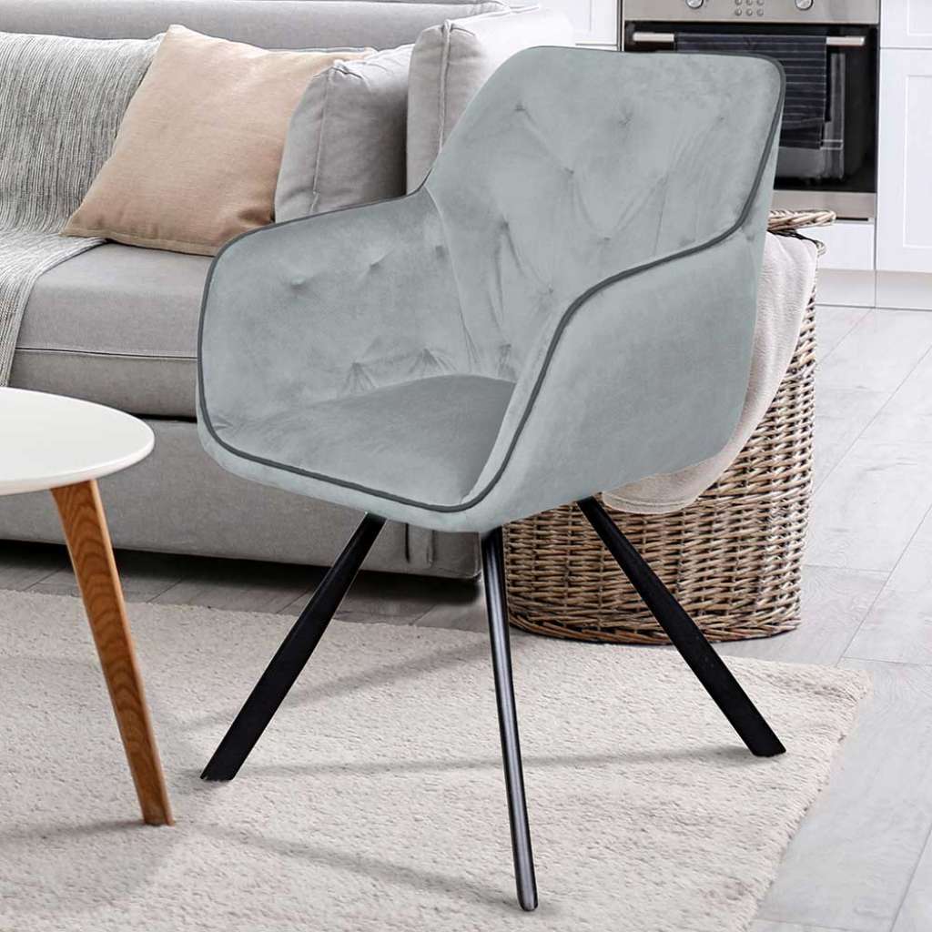 Armlehnen Polsterstuhl in Grau Samt Eisengestell in Schwarz