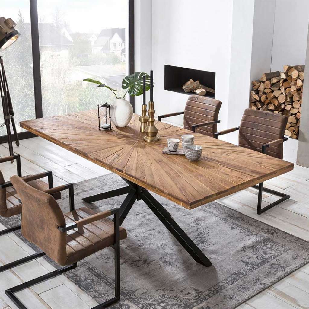 Esszimmertisch aus Teak Recyclingholz Spider Gestell in Schwarz