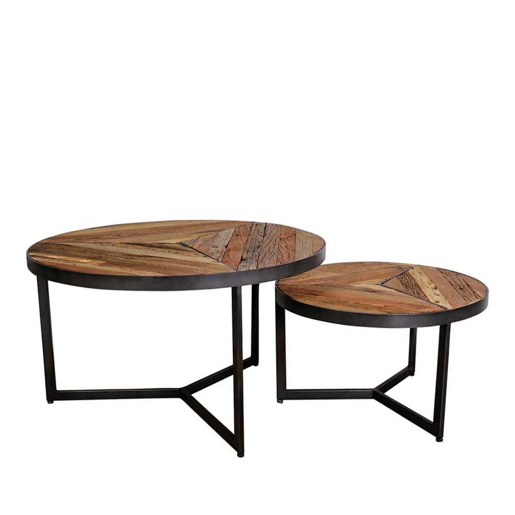 Sofatisch Set aus Recyclingholz und Eisen rund (2-teilig)