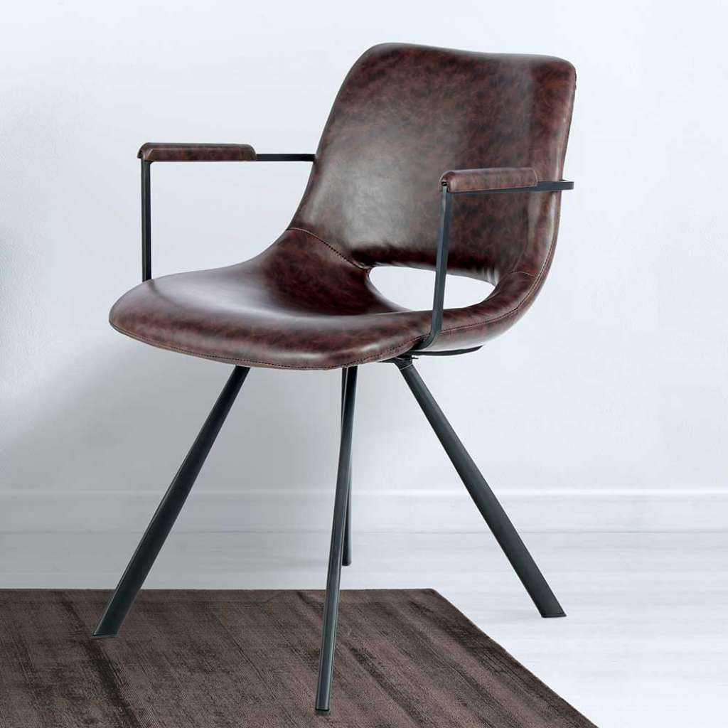 Retro Esszimmerstühle in Dunkelbraun Kunstleder Armlehnen (2er Set)