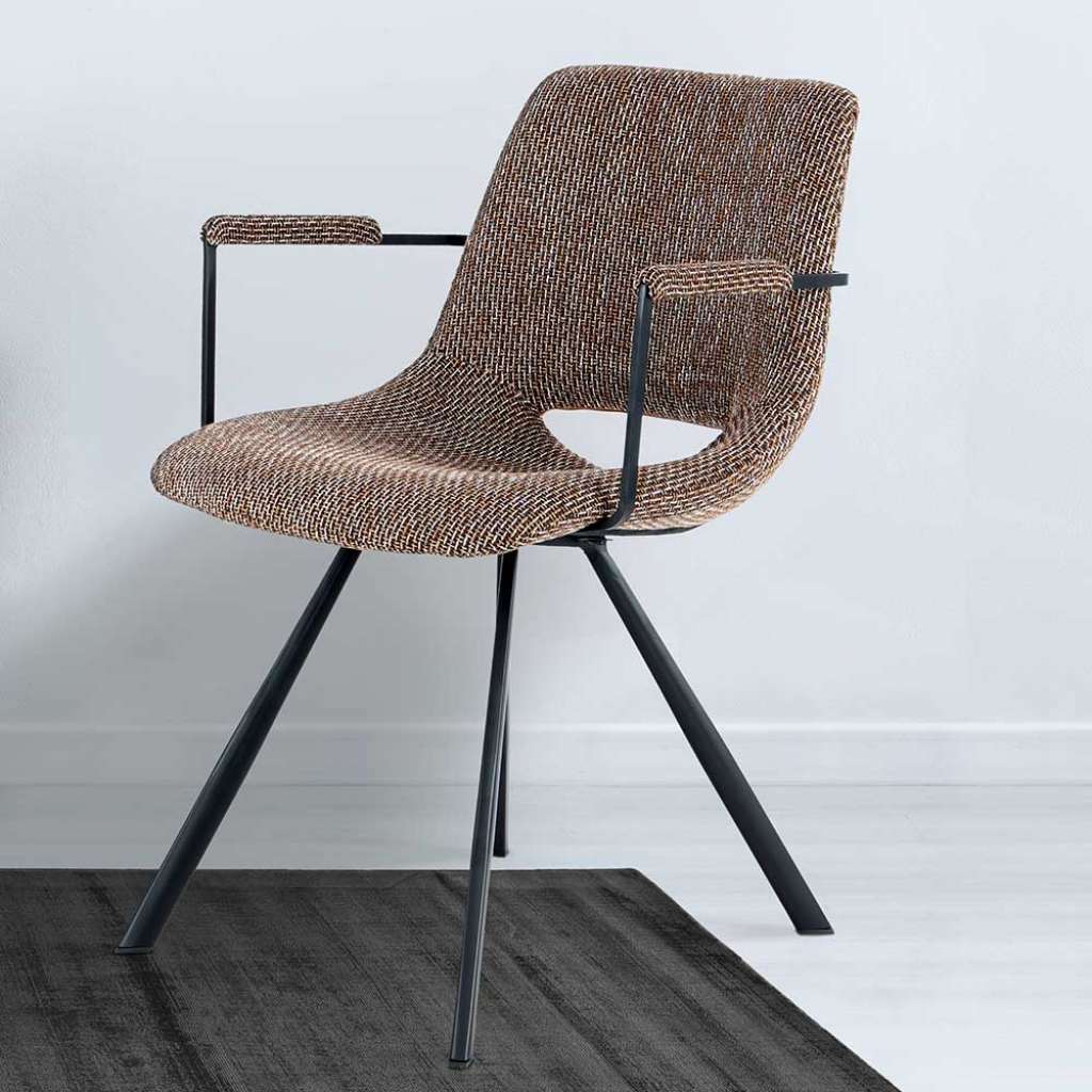 Retro Armlehnenstühle in Braun Webstoff Metallgestell (2er Set)