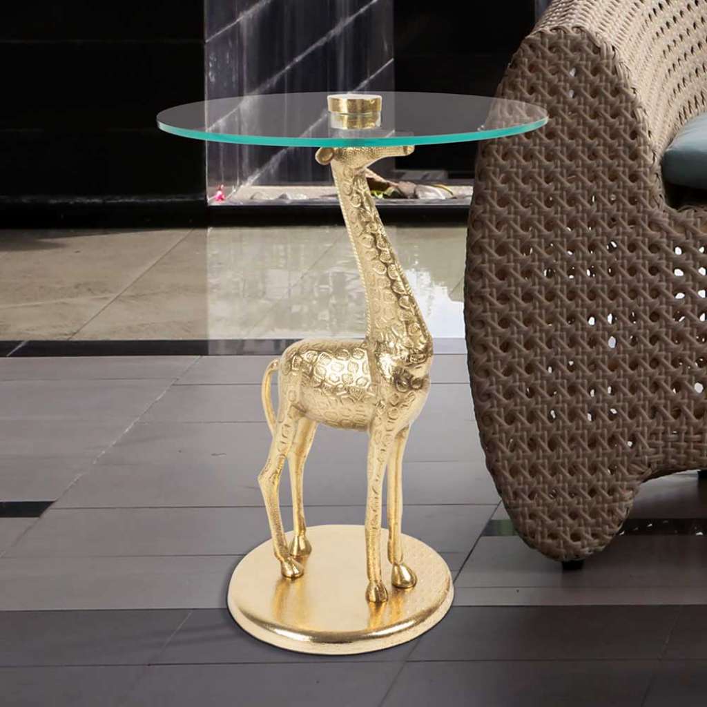 Glas Beistelltisch in Goldfarben Säulengestell in Giraffenform