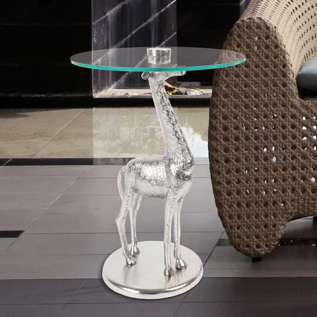 Designtisch mit Giraffen Säulengestell runder Glasplatte