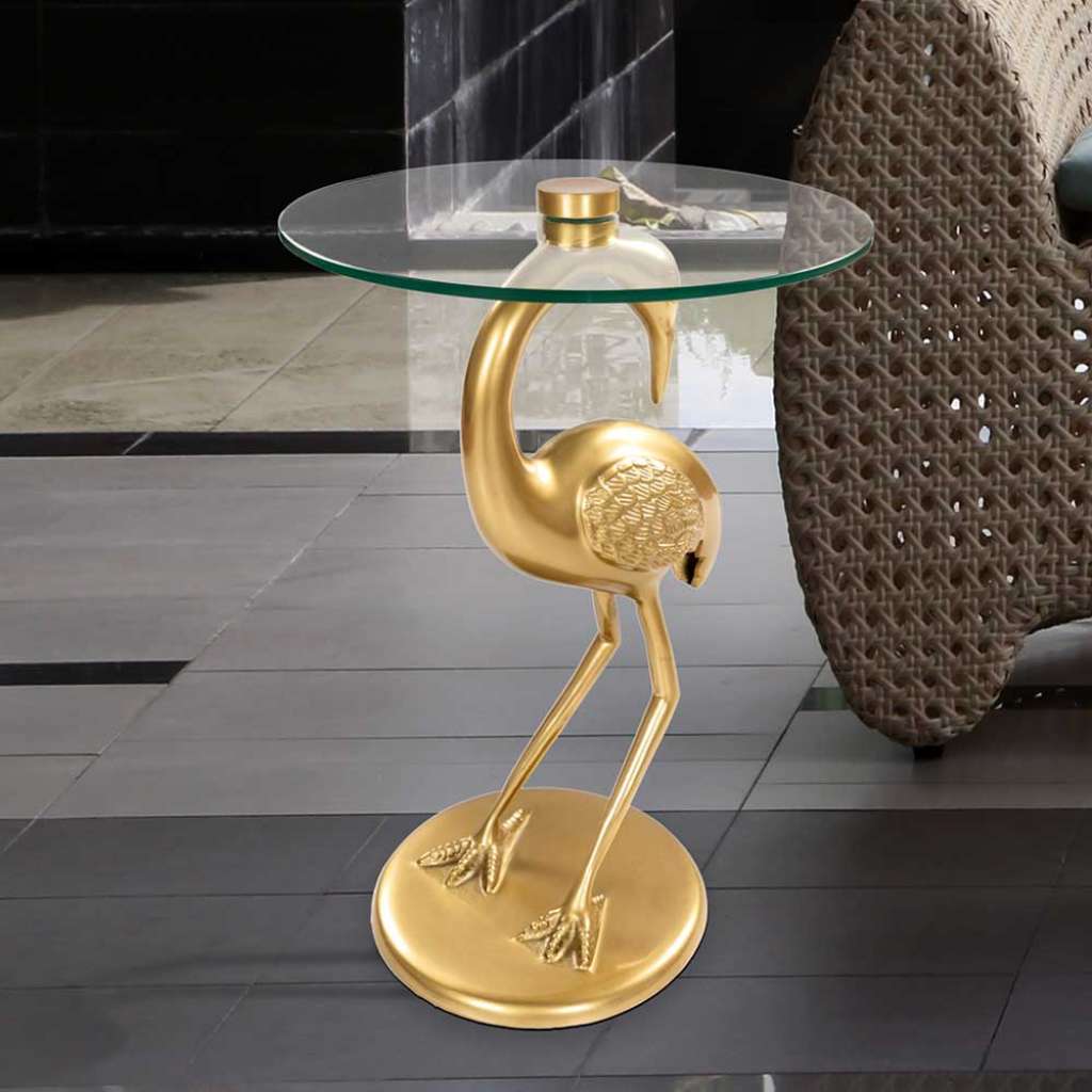 Glas Beistelltisch mit Vogel Säulengestell in Goldfarben rund