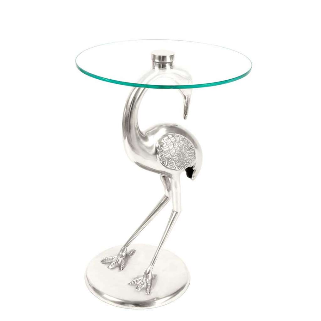 Design Beistelltisch mit runder Klarglasplatte Säulengestell in Vogelform