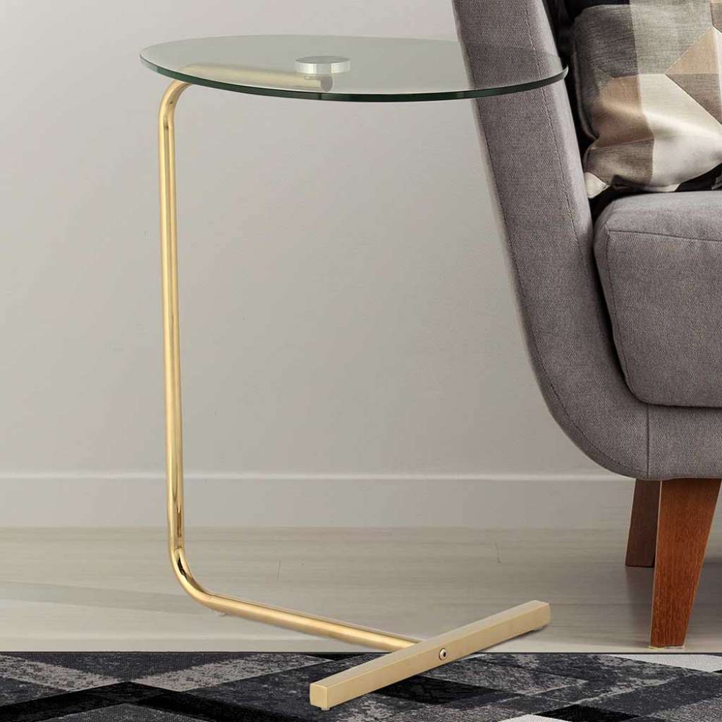 Glastisch mit ovaler Klarglasplatte C-Fußgestell in Goldfarben