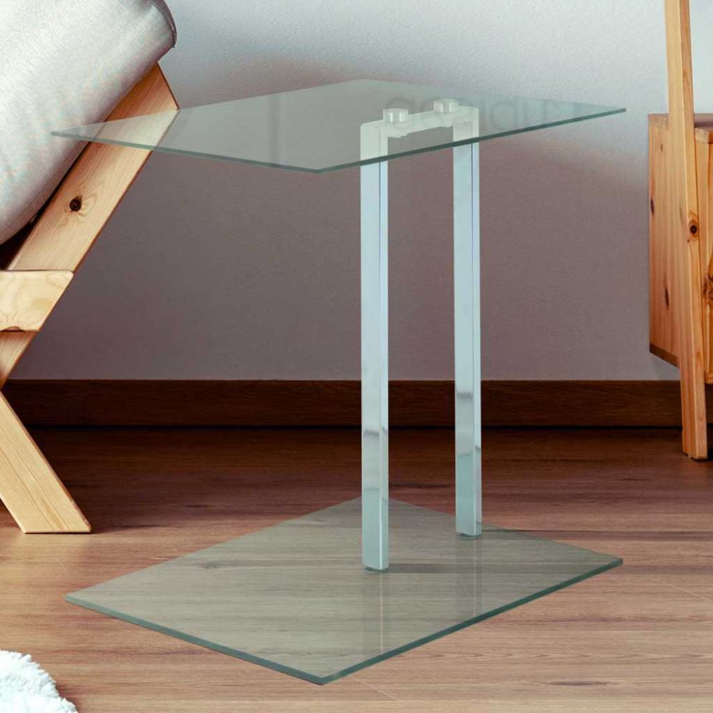Glas Beistelltisch mit Klarglasplatte und flacher Bodenplatte modern