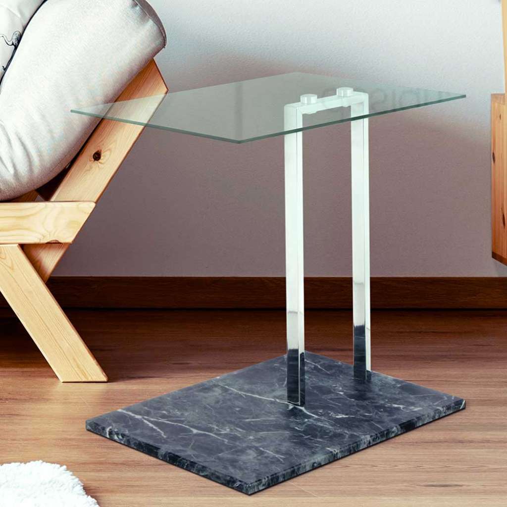 Couch Beistelltisch mit Klarglasplatte flacher Bodenplatte in Schwarz