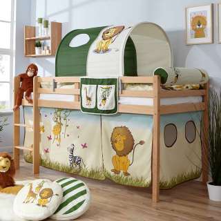 Kinder Hochbett aus Buche Massivholz und Webstoff Vorhang und Stofftunnel