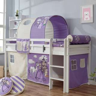 Spielhochbett in Weiß Beige und Lila 180 cm hoch