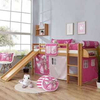 Kinderbett aus Buche Massivholz Webstoff in Pink und Rosa