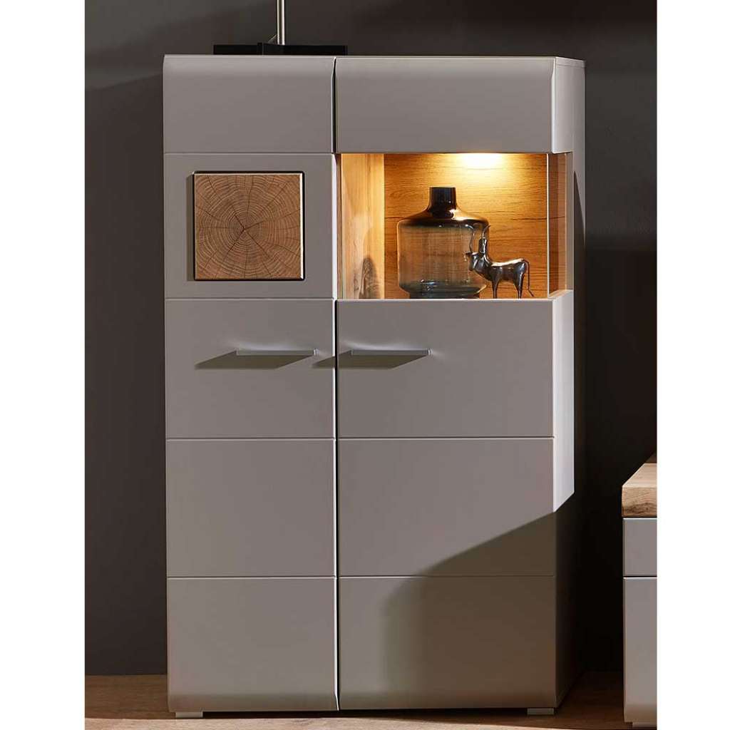 Wohnzimmer Highboard in Grau und Eiche Optik Glas