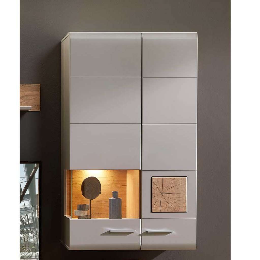Hängevitrine in Grau und Eiche Optik LED Beleuchtung
