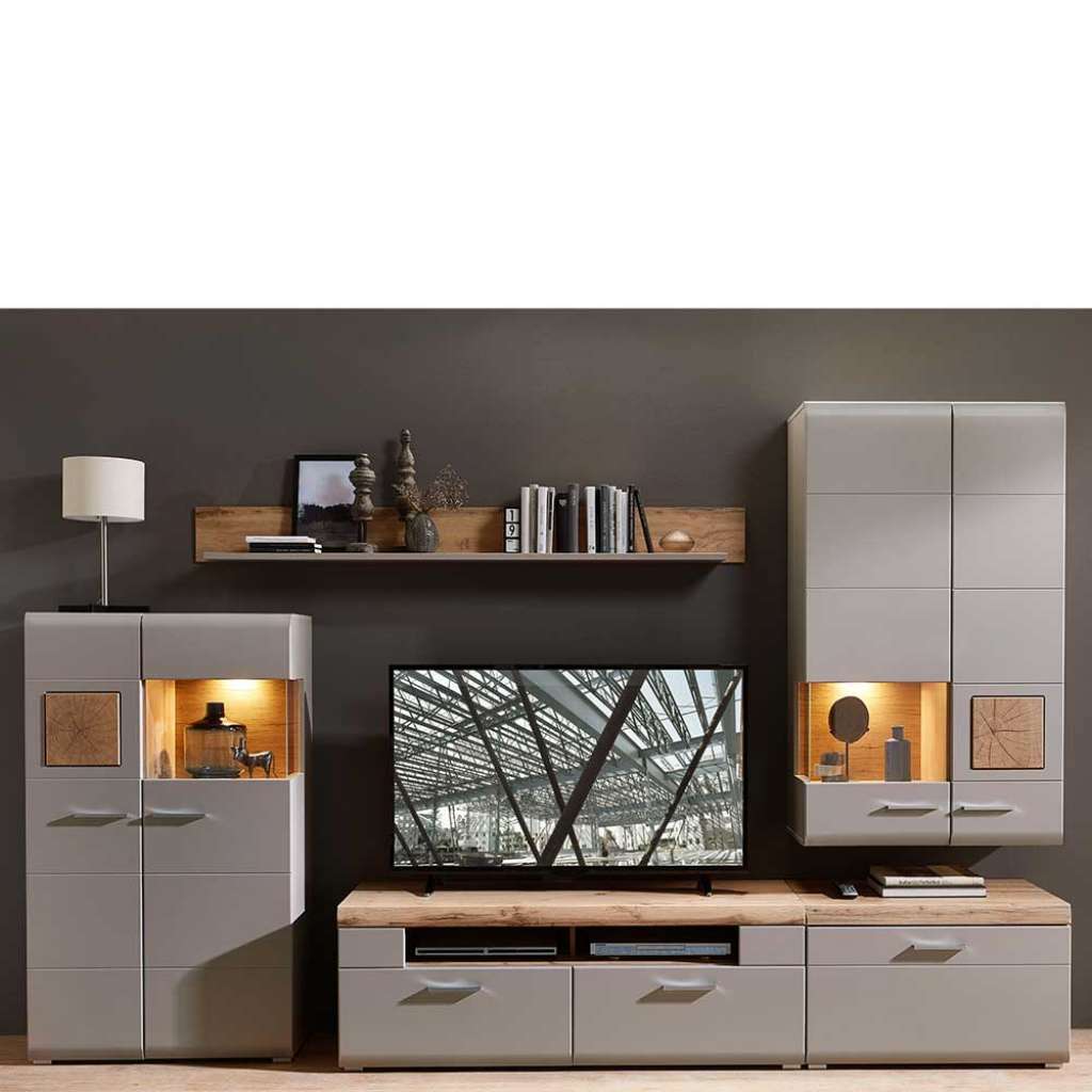 Wohnzimmerwand in Grau und Eiche Optik LED Beleuchtung (5-teilig)
