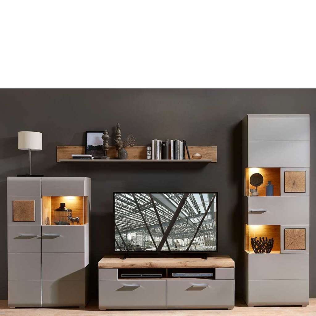 Moderne Wohnwand in Grau und Eiche Optik LED Beleuchtung (4-teilig)