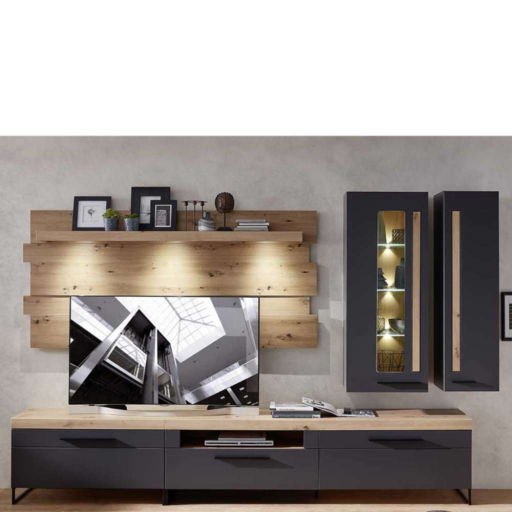 Wohnzimmer Anbauwand in Dunkelgrau und Wildeiche Optik LED Beleuchtung (5-teilig)