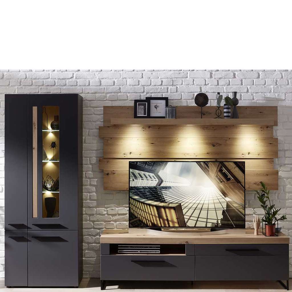 Fernseher Schrankwand in Dunkelgrau und Wildeiche Optik LED Beleuchtung (3-teilig)