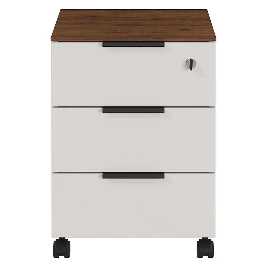 Schreibtischrollcontainer in Creme Weiß und Nussbaum Optik drei Schubladen