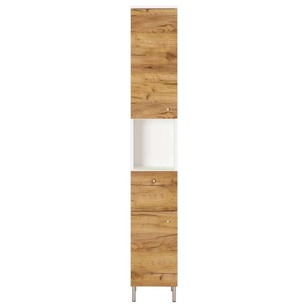 Badezimmer Hochschrank in Weiß und Wildeiche Optik 30 cm breit