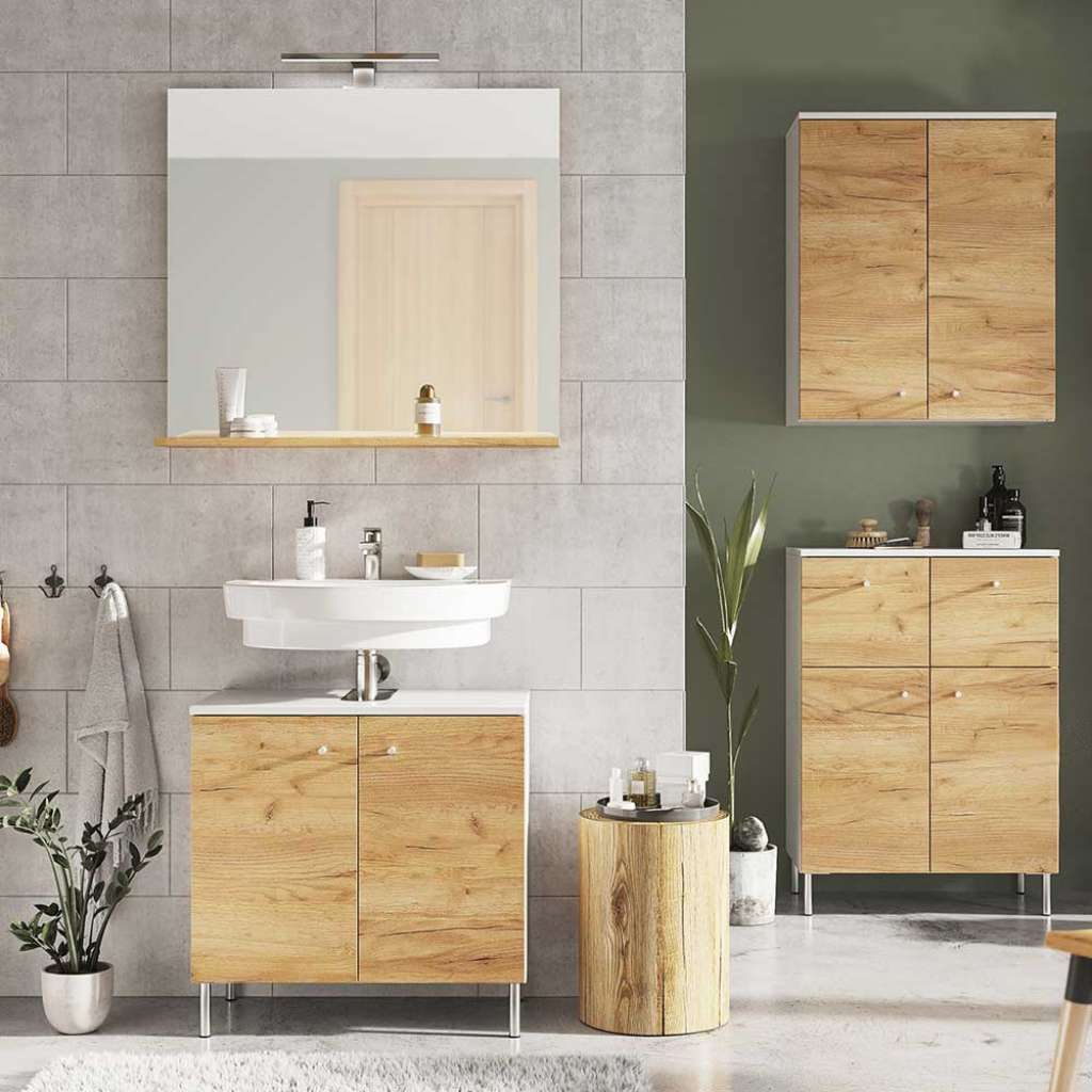 Badezimmermöbelset in Weiß und Wildeiche Optik Made in Germany (4-teilig)