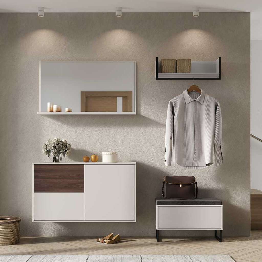 Garderoben Set in Creme und Nussbaumfarben Made in Germany (4-teilig)