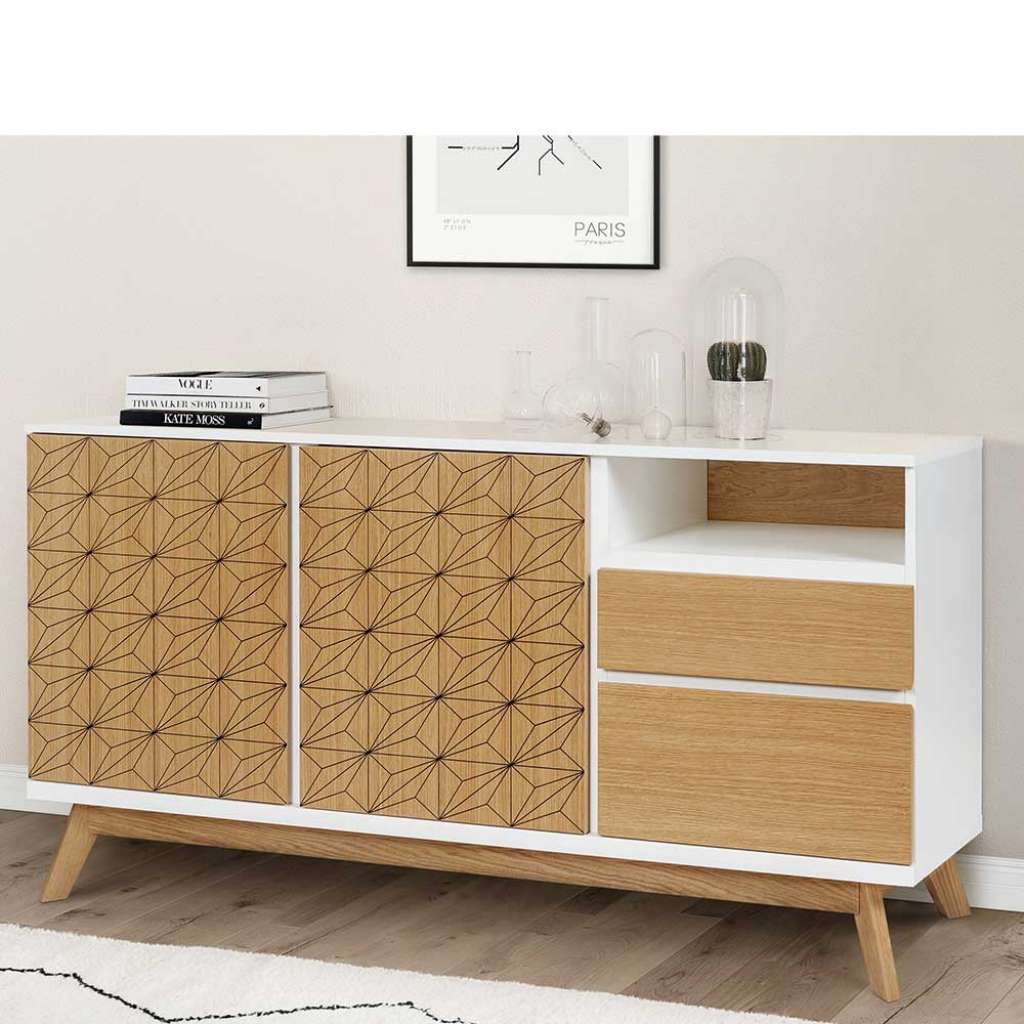Design Sideboard in Weiß und Eichefarben 140 cm breit