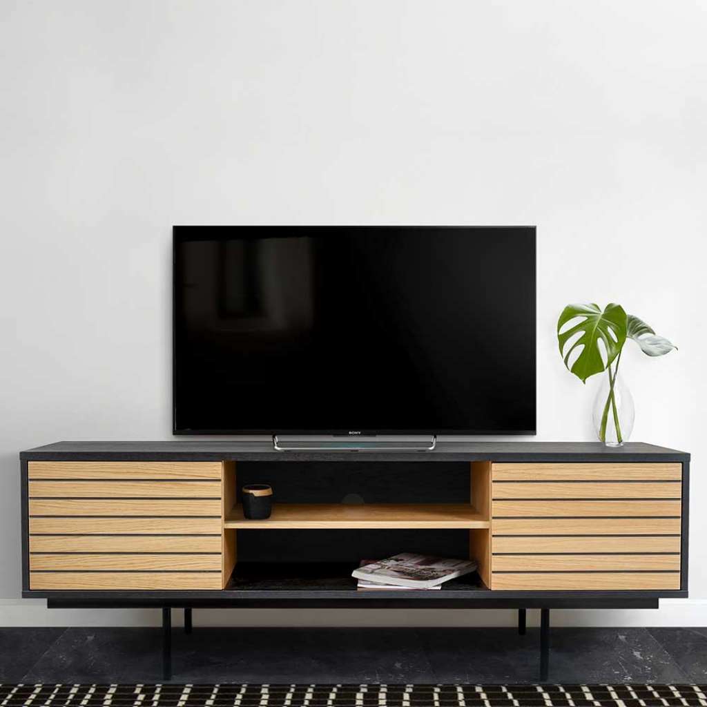 Design Lowboard in Schwarz und Eiche furniert 150 cm breit