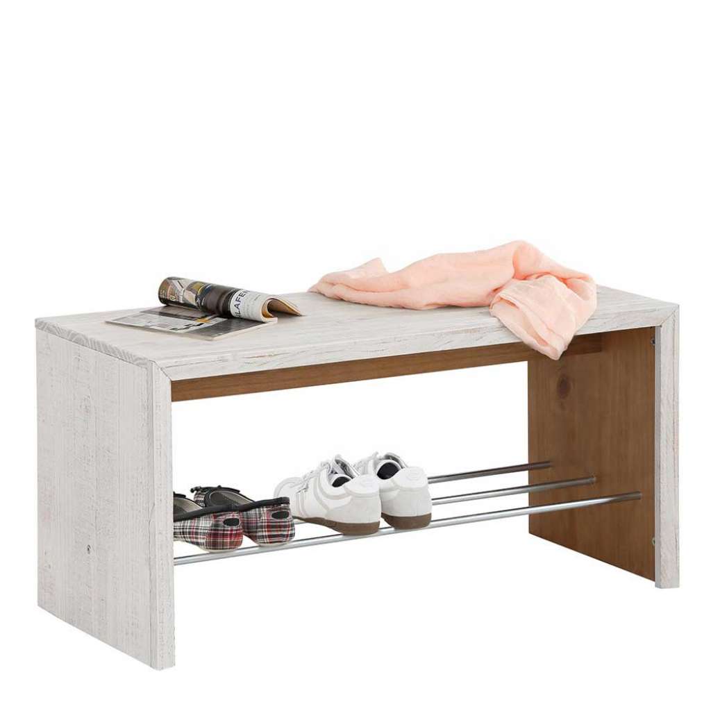 Flurbank in Creme Weiß Kiefer massiv Schuhablage