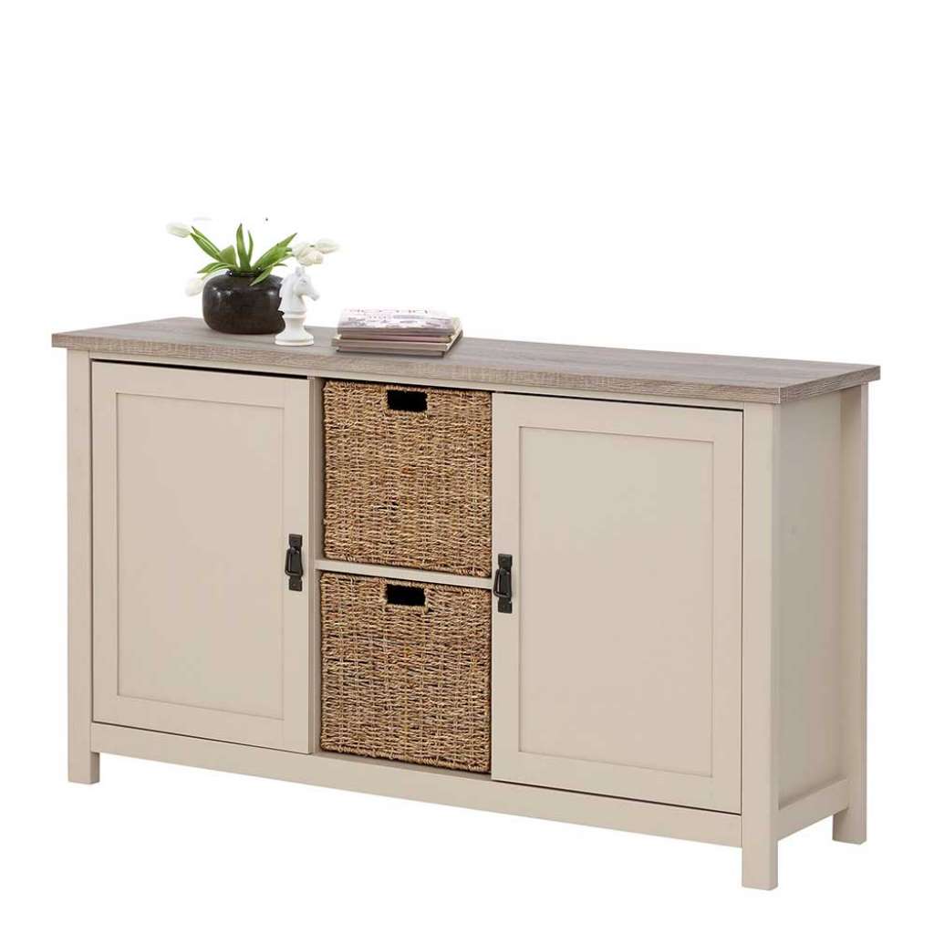 Landhaus Anrichte in Beige und Sonoma Eiche Rattan Körben