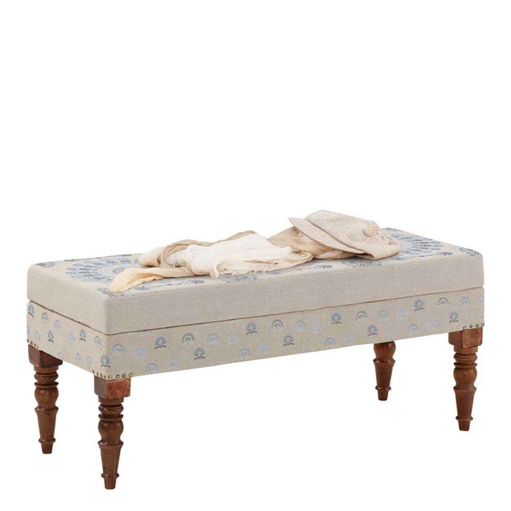 Schlafzimmerbank in Hellblau und Beige Webstoff Truhe