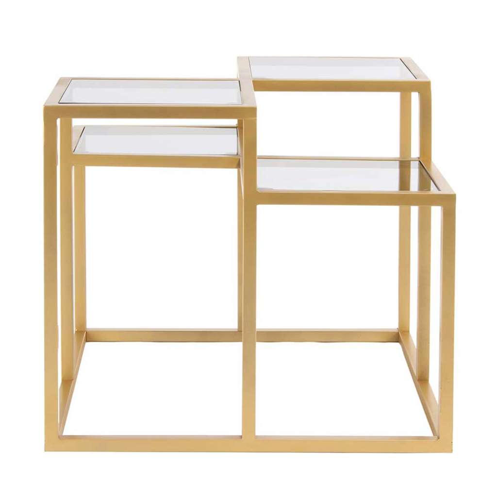 Design Beistelltisch mit drei Spiegelglasplatten Bügelgestell in Goldfarben