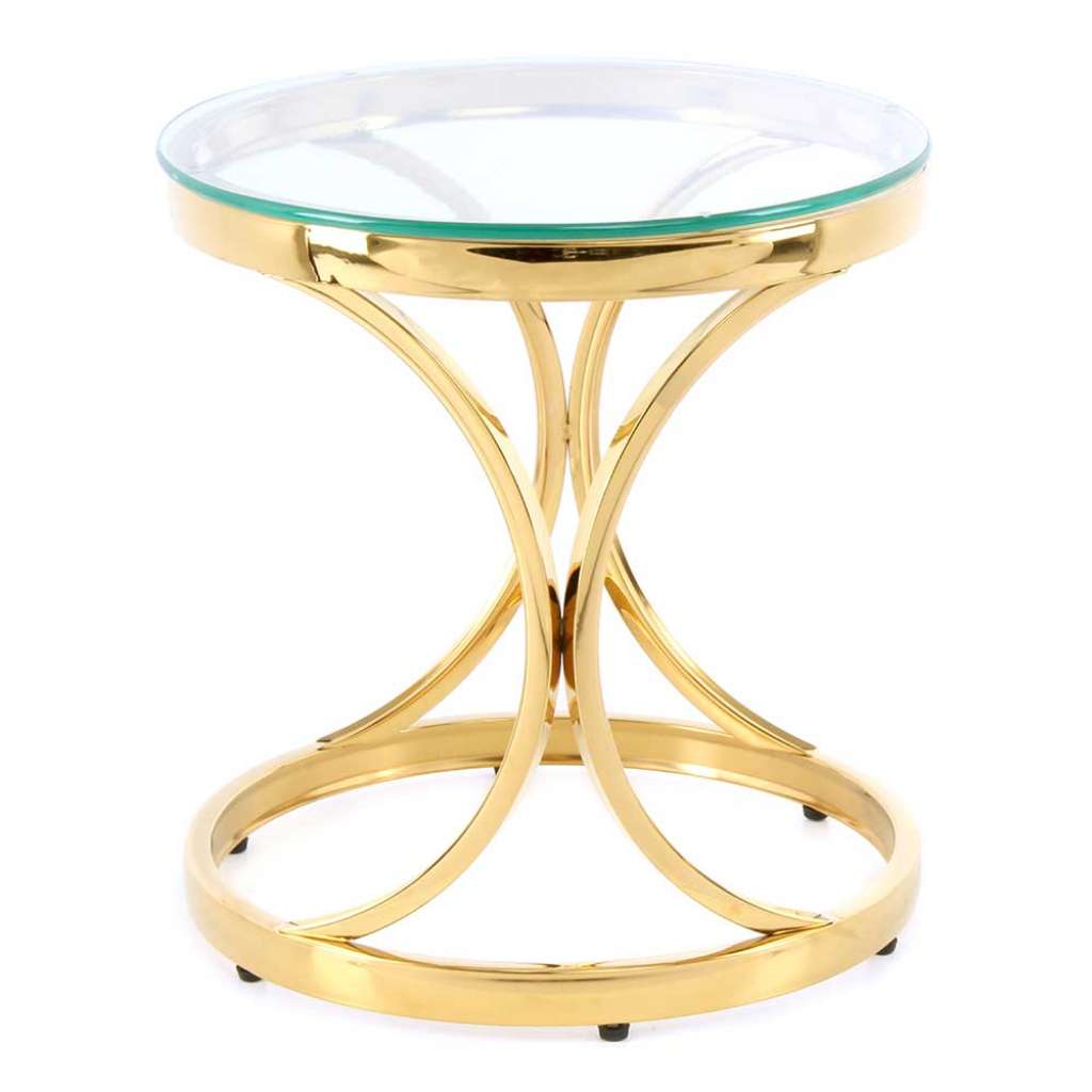 Glas Tisch mit runder Klarglasplatte Ringgestell in Goldfarben