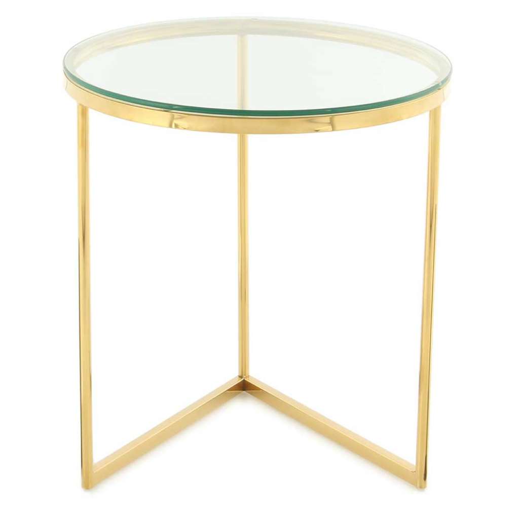 Glas Beistelltisch mit runder Klarglasplatte Bügelgestell in Goldfarben